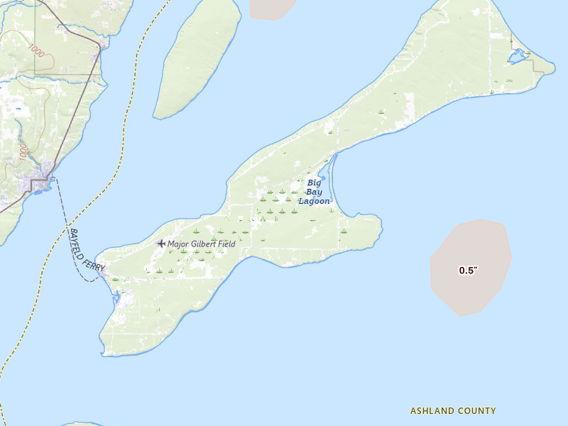 Radar-estimated hail-size map of the storm over La Pointe, WI on Jun 28, 2026