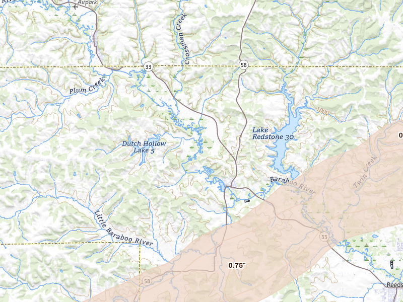 Radar-estimated hail-size map of the storm over La Valle, WI on Jul 1, 2026