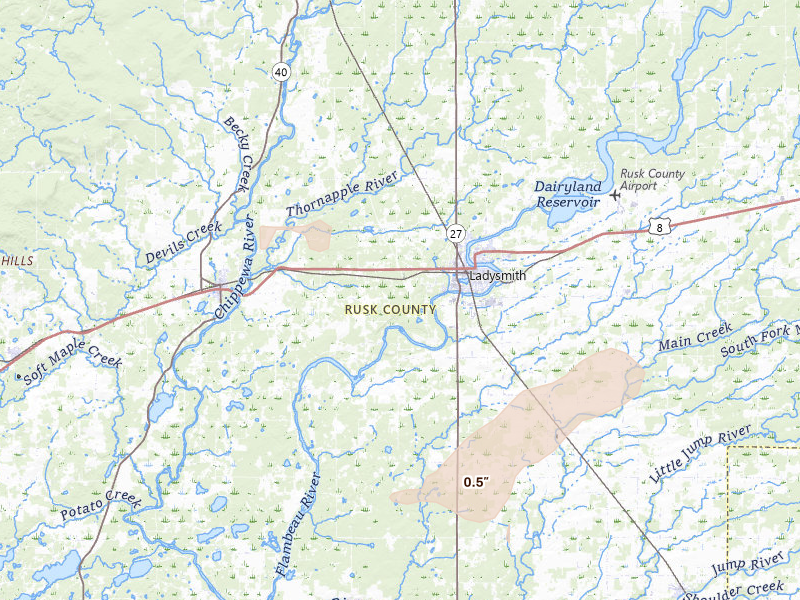 Radar-estimated hail-size map of the storm over Ladysmith, WI on Jun 5, 2026