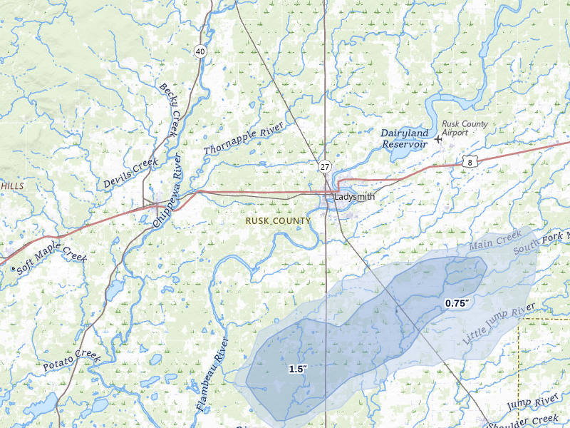NEXRAD radar-signature map of the hail storm over Ladysmith, WI on Jun 5, 2026