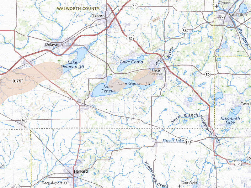 Radar-estimated hail-size map of the storm over Lake Geneva, WI on Mar 31, 2026