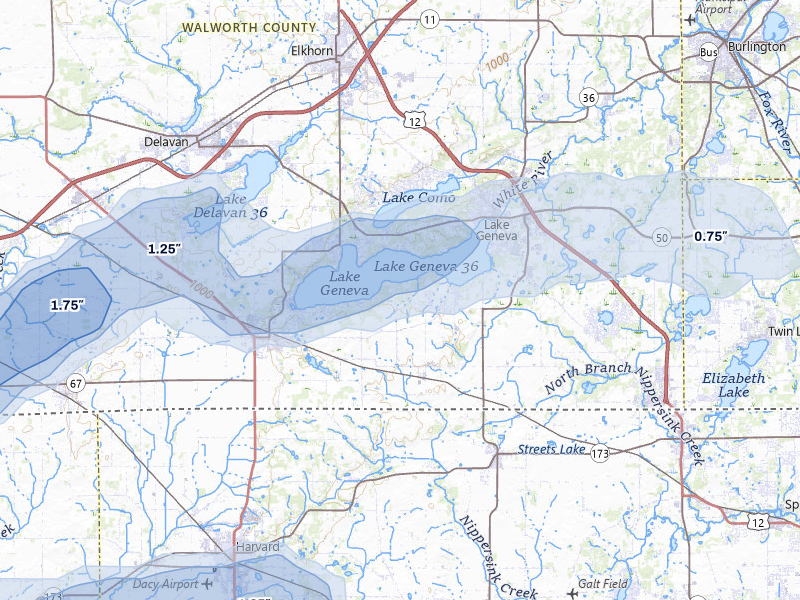 NEXRAD radar-signature map of the hail over Lake Geneva, WI
