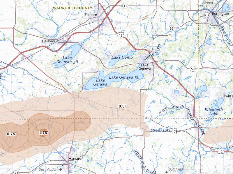 Radar-estimated hail-size map of the storm over Lake Geneva, WI