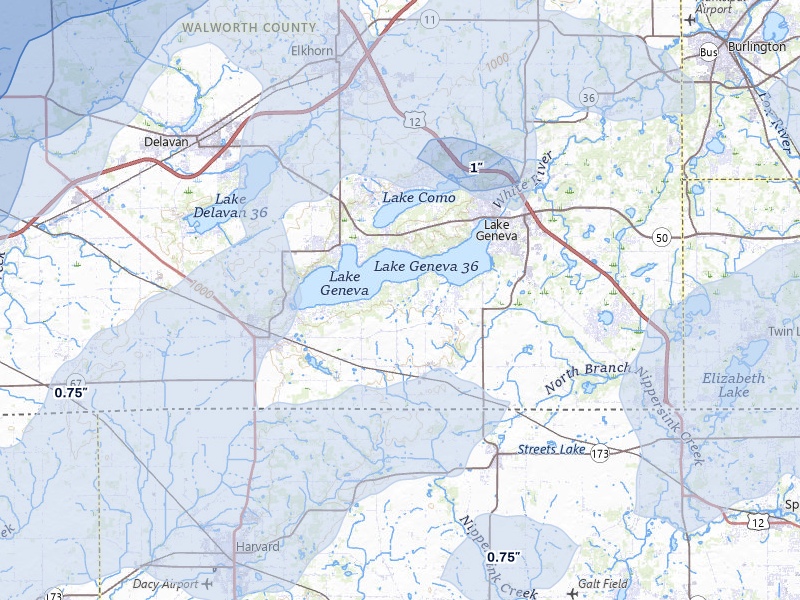 NEXRAD radar-signature map of the hail over Lake Geneva, WI