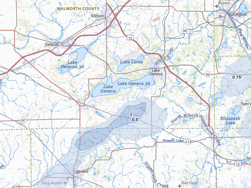 NEXRAD radar-signature map of the hail storm over Lake Geneva, WI on May 15, 2026
