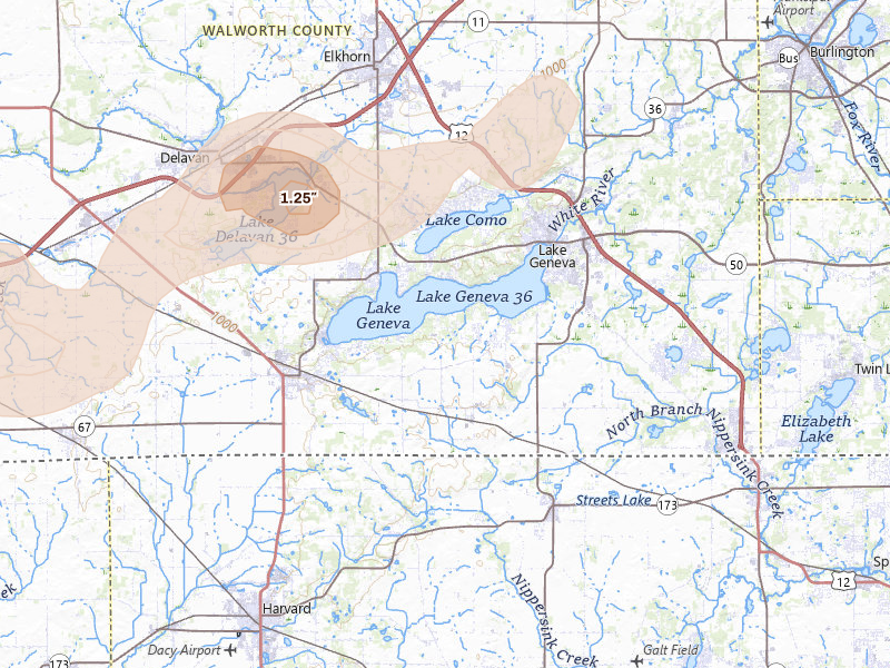 Radar-estimated hail-size map of the storm over Lake Geneva, WI on Jul 3, 2026