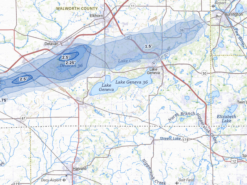 NEXRAD radar-signature map of the hail storm over Lake Geneva, WI on Jul 3, 2026