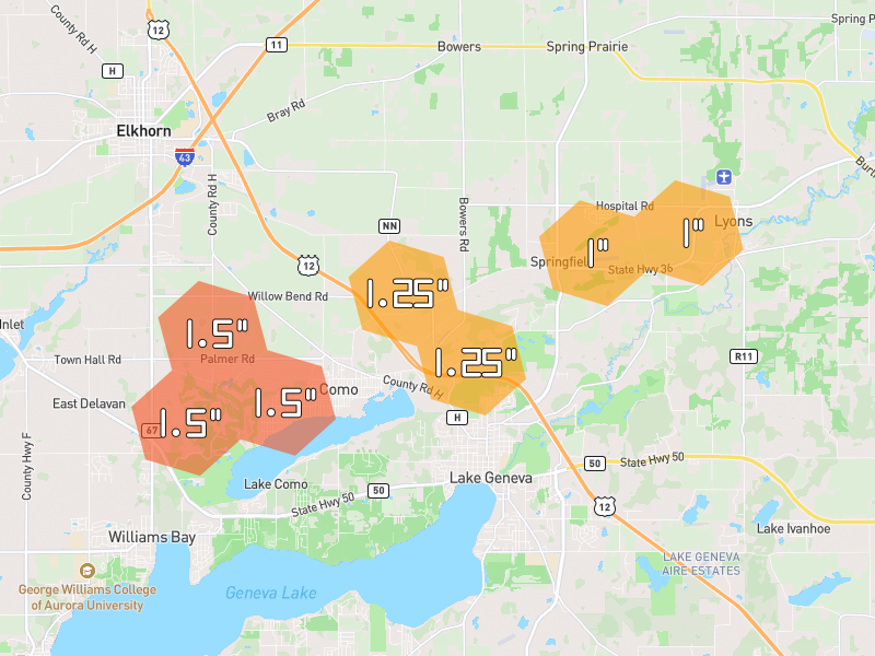 Hail map of Lake Geneva, WI on Jul 3, 2026, hail up to 1.5"
