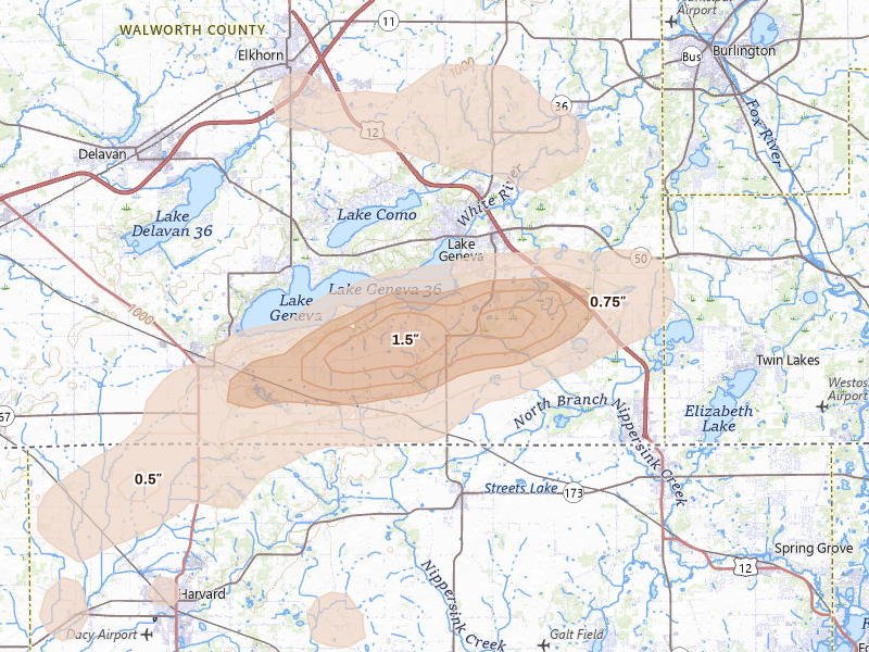 Radar-estimated hail-size map of the storm over Lake Geneva, WI on Aug 9, 2026