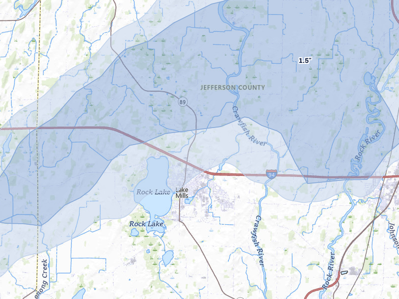 NEXRAD radar-signature map of the hail over Lake Mills, WI