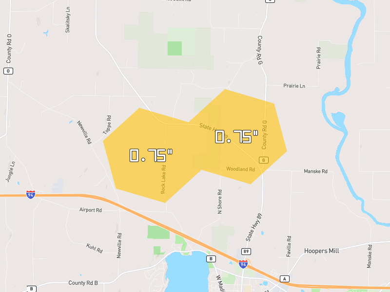 Hail map of Lake Mills, WI on Jul 2, 2026, hail up to 0.75"