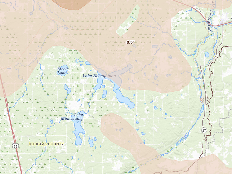 Radar-estimated hail-size map of the storm over Lake Nebagamon, WI on Jun 29, 2026
