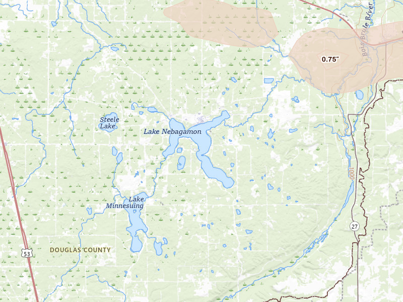 Radar-estimated hail-size map of the storm over Lake Nebagamon, WI on Jul 17, 2026