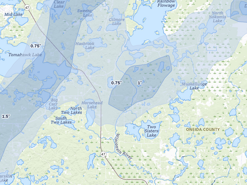 NEXRAD radar-signature map of the hail over Lake Tomahawk, WI