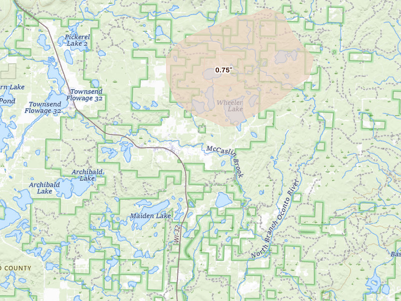 Radar-estimated hail-size map of the storm over Lakewood, WI on Jun 30, 2026