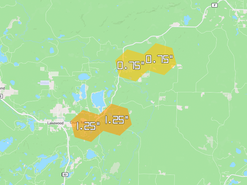 Hail map of Lakewood, WI on Jun 30, 2026, hail up to 1.25"