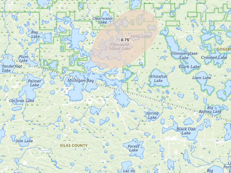 Radar-estimated hail-size map of the storm over Land O Lakes, WI on Jun 10, 2026