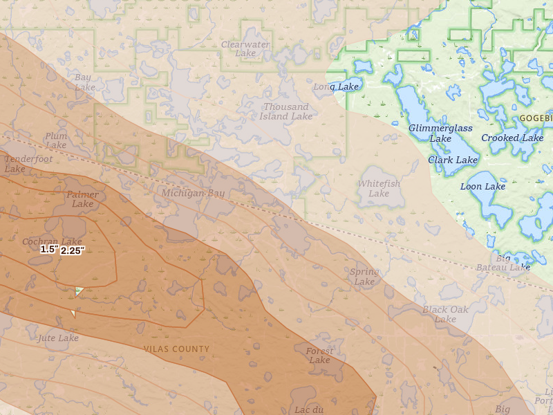 Radar-estimated hail-size map of the storm over Land O Lakes, WI on Jul 27, 2026