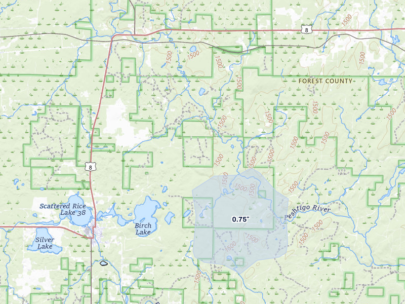 NEXRAD radar-signature map of the hail storm over Laona, WI on May 17, 2026