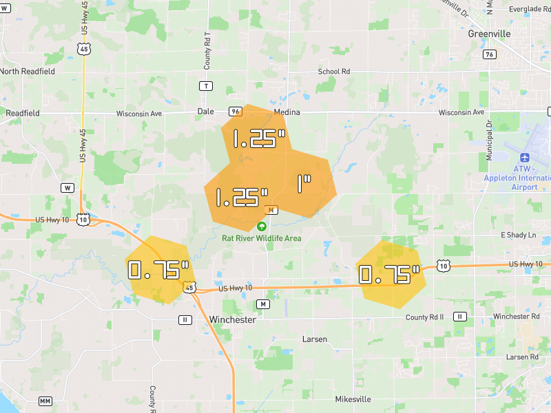 Hail map of Larsen, WI on Jul 1, 2026, hail up to 1.25"