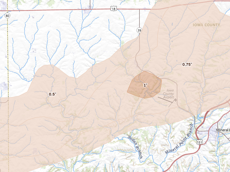 Radar-estimated hail-size map of the storm over Linden, WI on Jul 2, 2026