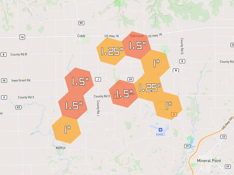 Hail map of Linden, WI on Jul 2, 2026, hail up to 1.5"