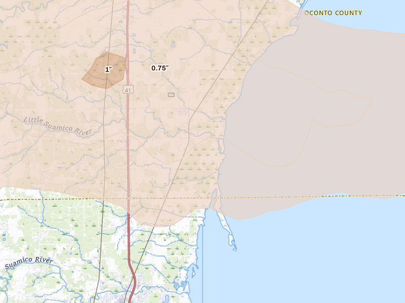Radar-estimated hail-size map of the storm over Little Suamico, WI on Jun 30, 2026