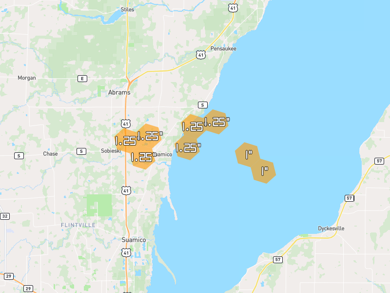 Hail map of Little Suamico, WI on Jun 30, 2026, hail up to 1.25"