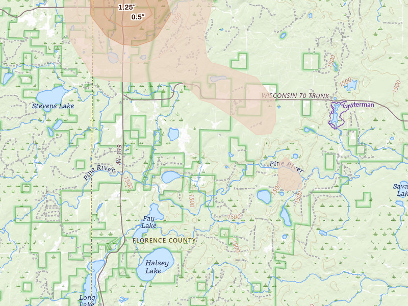 Radar-estimated hail-size map of the storm over Long Lake, WI on Jun 24, 2026