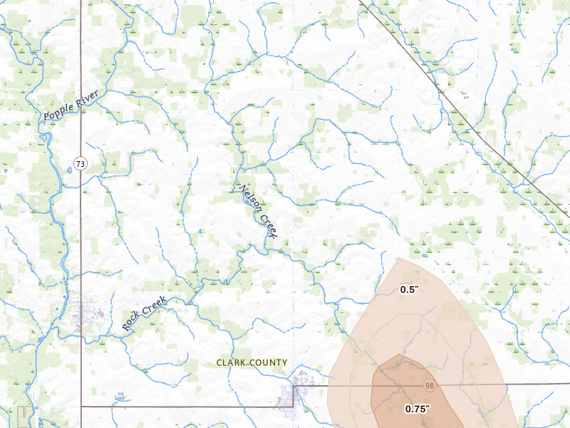 Radar-estimated hail-size map of the storm over Loyal, WI on May 27, 2026