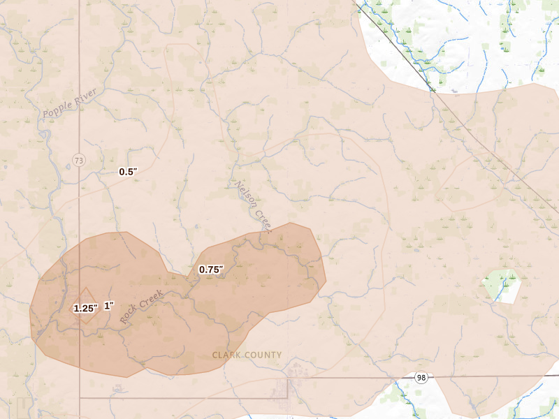 Radar-estimated hail-size map of the storm over Loyal, WI on Jun 9, 2026