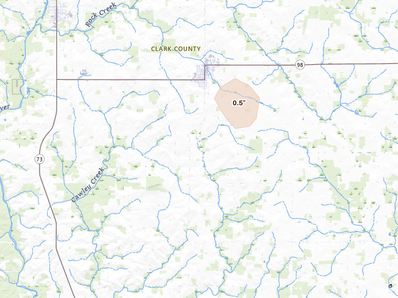 Radar-estimated hail-size map of the storm over Loyal, WI on Aug 11, 2026