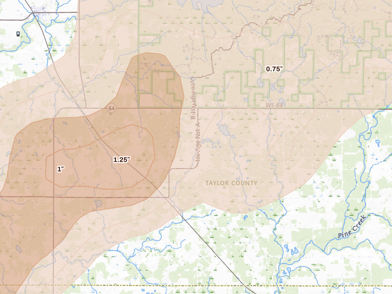 Radar-estimated hail-size map of the storm over Lublin, WI on Apr 17, 2026