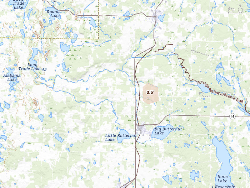 Radar-estimated hail-size map of the storm over Luck, WI on Jul 17, 2026