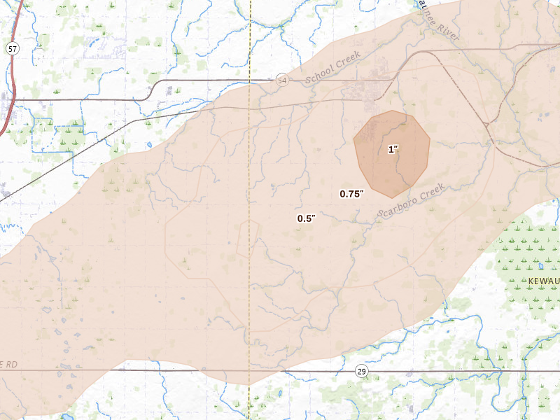 Radar-estimated hail-size map of the storm over Luxemburg, WI on Jun 30, 2026