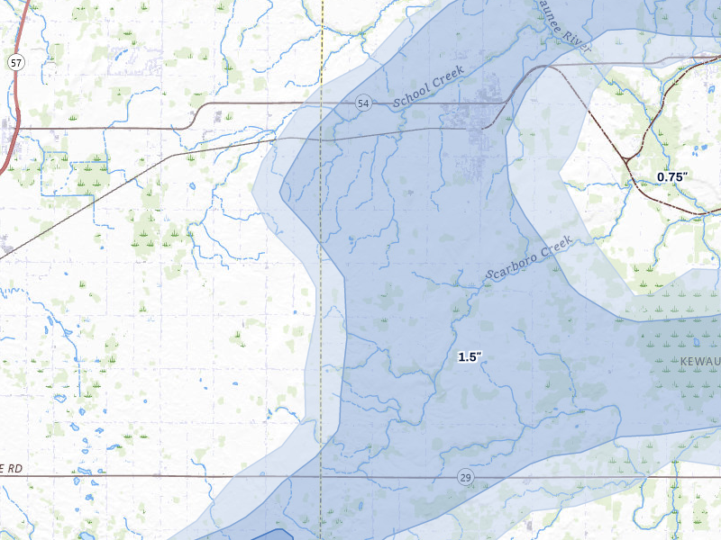 NEXRAD radar-signature map of the hail storm over Luxemburg, WI on Jul 1, 2026