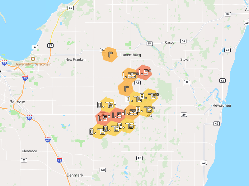 Hail map of Luxemburg, WI on Jul 1, 2026, hail up to 1.5"