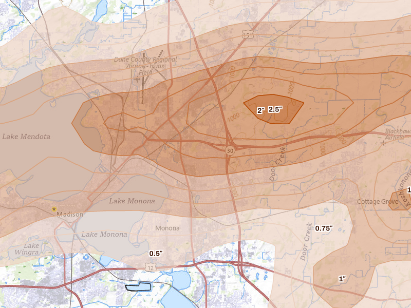 Radar-estimated hail-size map of the storm over Madison, WI on Apr 14, 2026