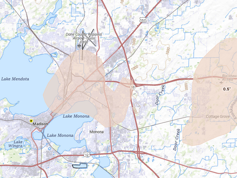 Radar-estimated hail-size map of the storm over Madison, WI on Jun 10, 2026