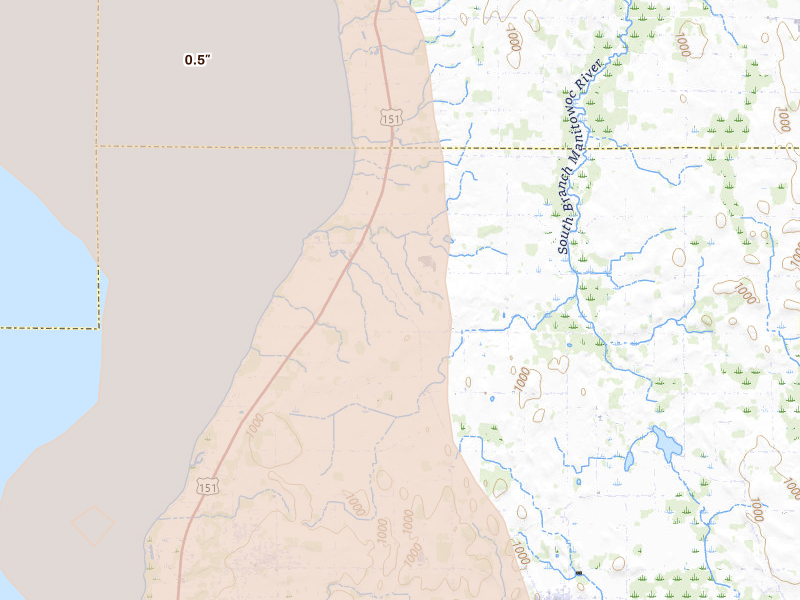 Radar-estimated hail-size map of the storm over Malone, WI on Jul 27, 2026