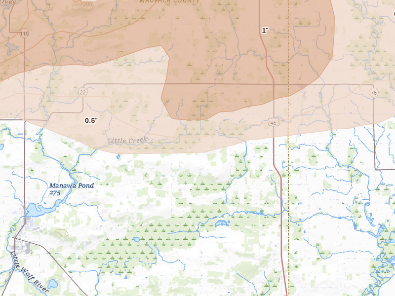 Radar-estimated hail-size map of the storm over Manawa, WI on Apr 13, 2026