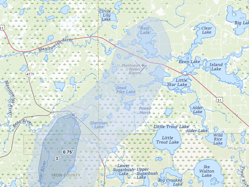 NEXRAD radar-signature map of the hail storm over Manitowish Waters, WI on May 17, 2026