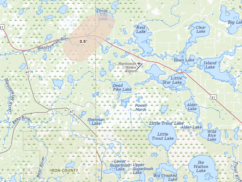 Radar-estimated hail-size map of the storm over Manitowish Waters, WI on Jul 3, 2026