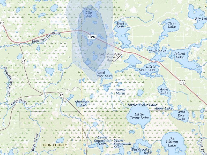 NEXRAD radar-signature map of the hail storm over Manitowish Waters, WI on Jul 3, 2026