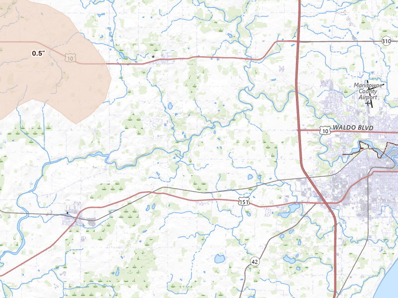 Radar-estimated hail-size map of the storm over Manitowoc, WI on Mar 30, 2026