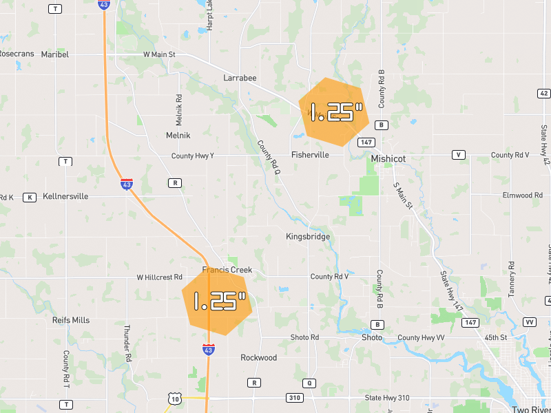 Hail map of Manitowoc, WI on Jul 1, 2026, hail up to 1.25"