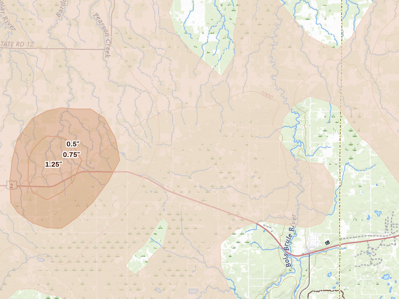 Radar-estimated hail-size map of the storm over Maple, WI on Jun 29, 2026