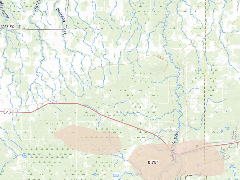 Radar-estimated hail-size map of the storm over Maple, WI on Jul 17, 2026