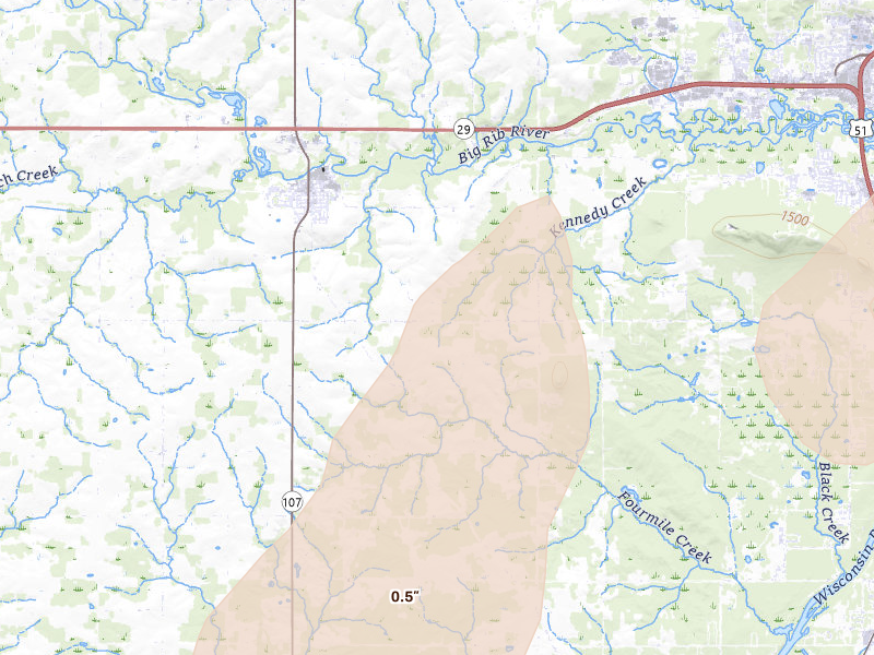 Radar-estimated hail-size map of the storm over Marathon, WI on Apr 13, 2026