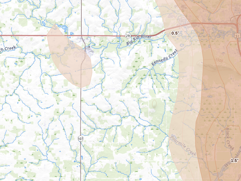 Radar-estimated hail-size map of the storm over Marathon, WI on May 27, 2026